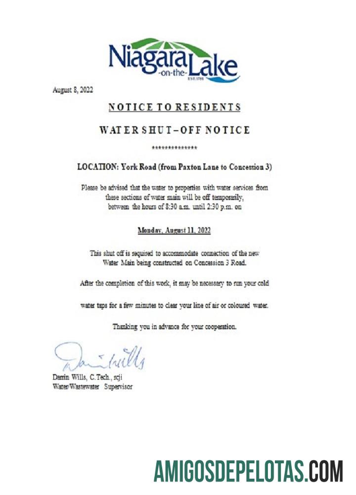 Canadá Ontário Aviso de desligamento da concessionária de água Niagara On The Lake exemplo